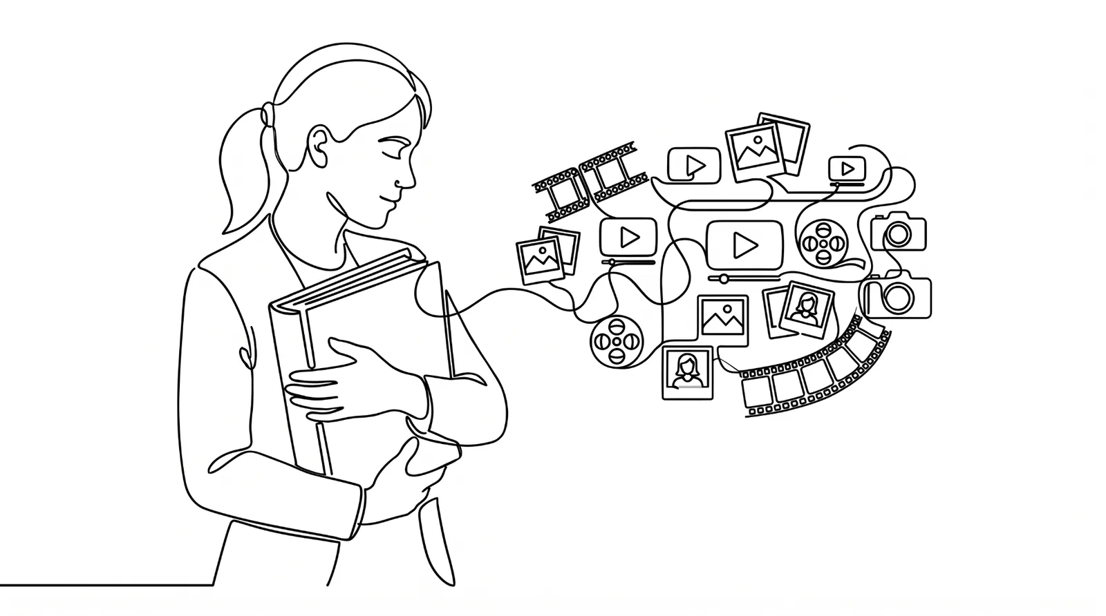Line drawing of a woman holding a MYKEEPO album while photos, videos, film strips and cameras flow into it
