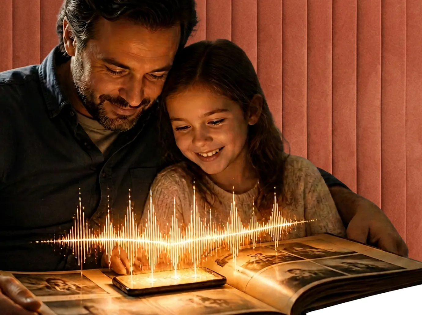 Father and daughter gathered on a terracotta high-back sofa around a photo album with a phone playing recorded voices