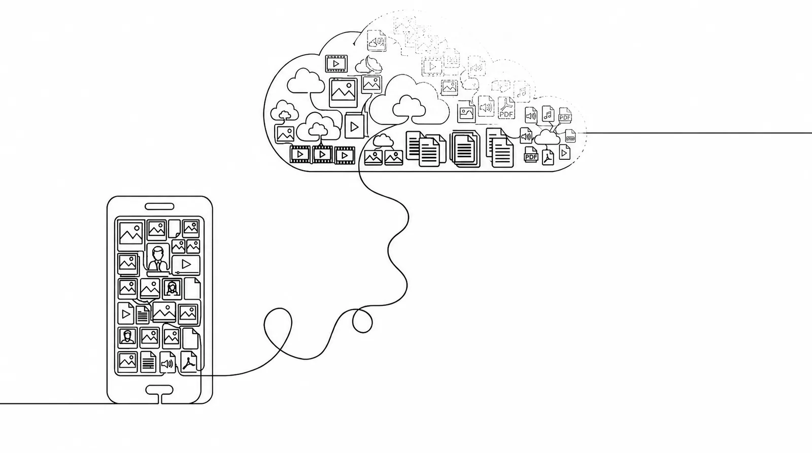 Line drawing of a phone overflowing into a cloud filled with photos, videos, PDFs and audio files
