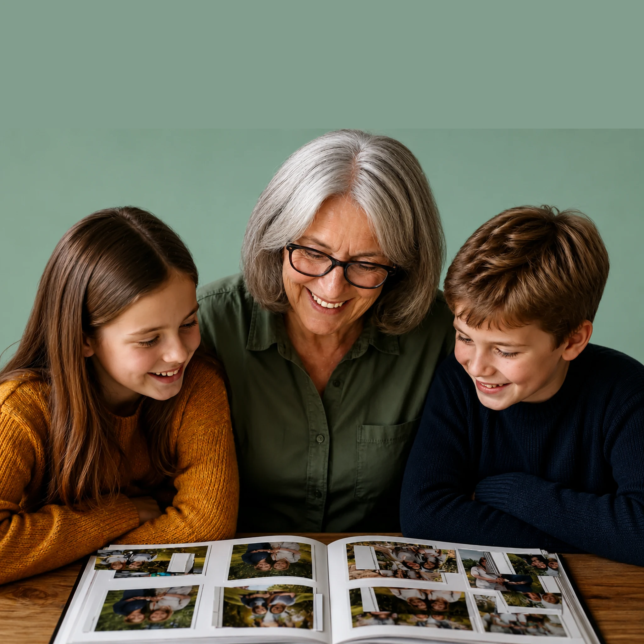 Children and their grandmother joyfully looking at an old family photo album together, a warm shared moment